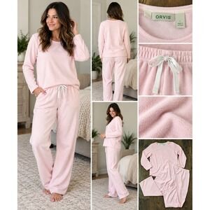 Orvis Pajama Set Women's L Pink Fleece Long Sleeve Top Pants Cozy Sleepwear